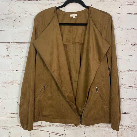 J. Jill Faux Suede Asymmetric Moto Jacket Size Large Camel Brown Chic Layering - Picture 3 of 7